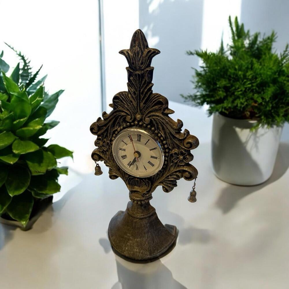 Ornate Mantle Clock Gray Metal Quartz Roman Numeral Battery Operated